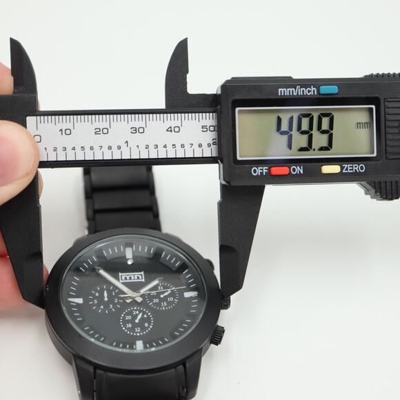 MN Black Mens Watch Faux Chrono 50mm Stainless Steel Bracelet with New Battery - Picture 2 of 16